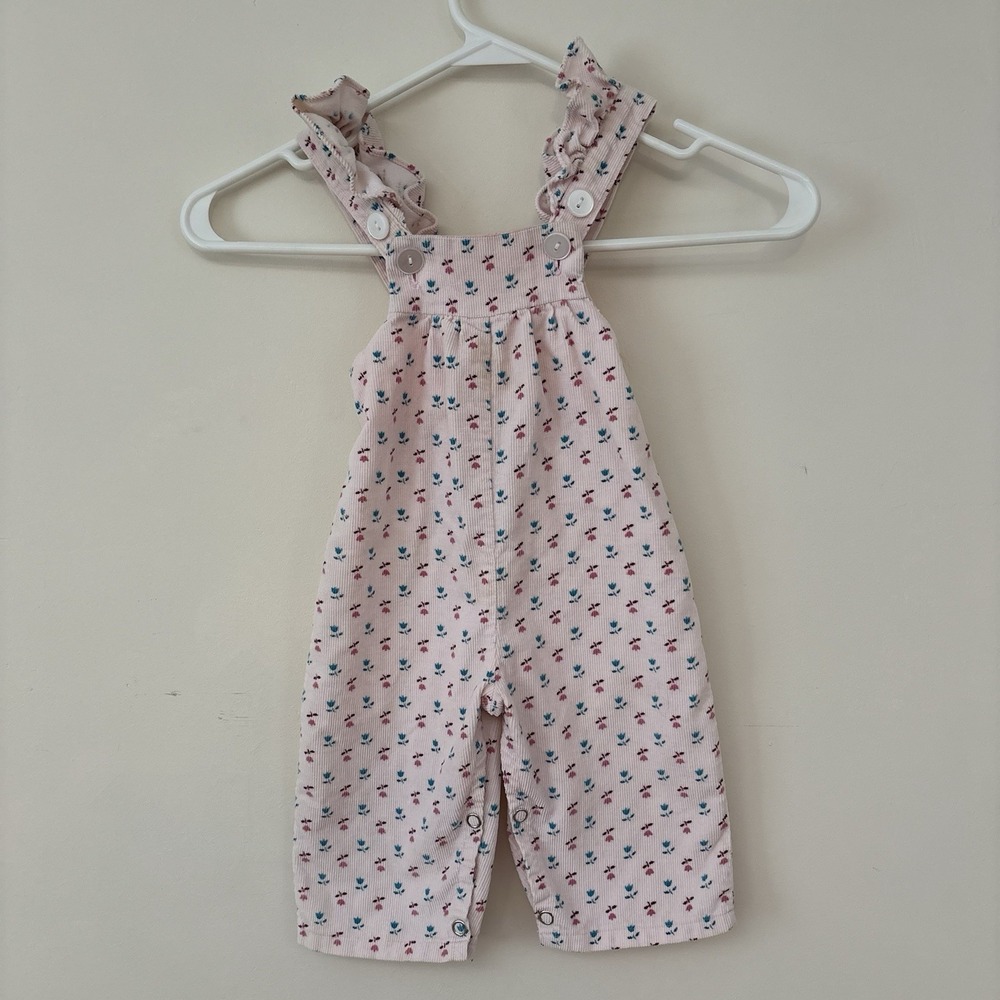 Vintage Little Ones Girls 12 Month Pink Corduroy Overalls Floral Frilly Flowers